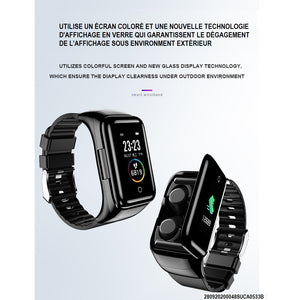 Bracelet intelligent à écran couleur de 1,14 pouces avec double écouteurs Bluetooth sans fil et...