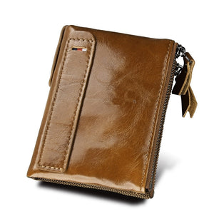 Portefeuille RFID Blocage Carte Sac Protéger Cas pour Hommes et femmes, Taille: 12.1*9.4*2.7cm Véritable Cuir de Vache Crazy Horse Texture Double Fermeture Éclair Style Court Porte-Cartes