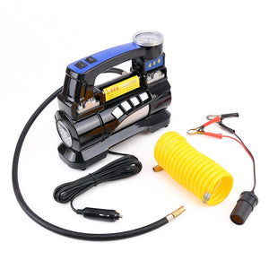 Portable Metal Cylinder Tire Inflator Air Compressor with Pressure Gauge And Three Nozzle Adapters for Cars Vans Air Mattress Balls, 100-150 PSI 35-55L/min, Voltage DC 12-13.6V, Current: 15A