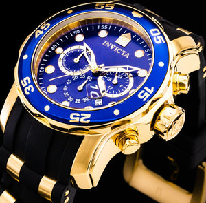 Men Pro Diver Scuba Chronograph 18Kt Gold Blue Dial PU Strap Watch