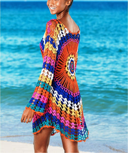 Women Beach Out Of Dresses And Tunic Beachwear By Knits Rainbow Knitting Hollow Overall(One Size)