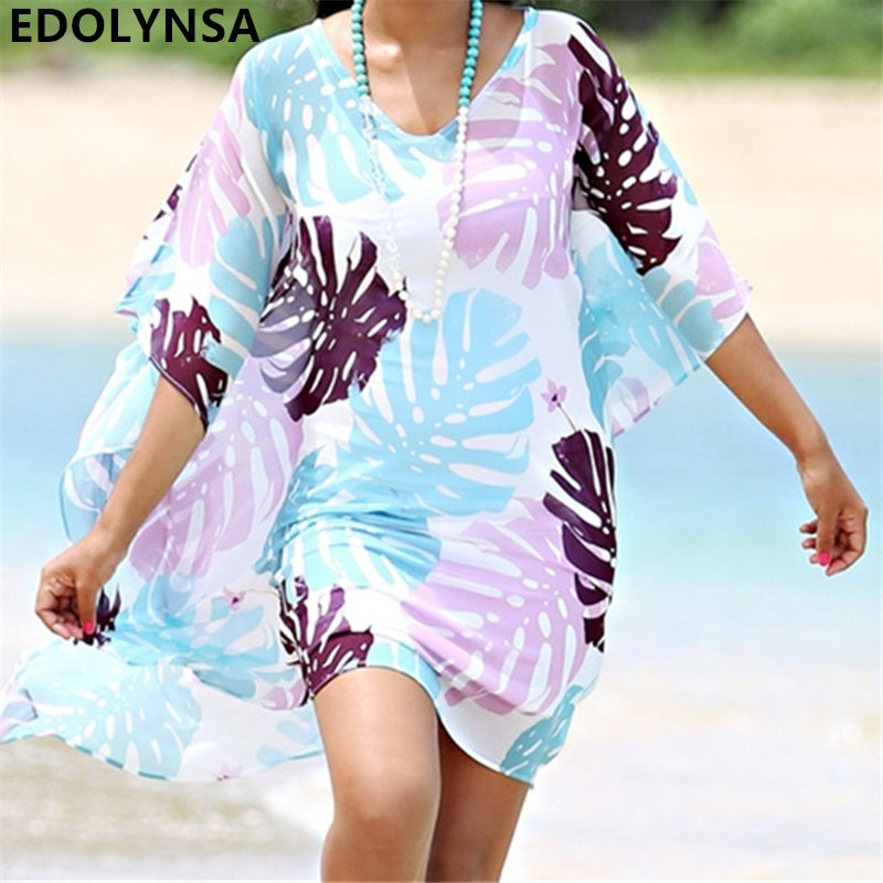 Leaf print V-neck Bikini Blouse Beach Sunscreen Shirt Swimsuit Outside Hood Clothing Female One Size